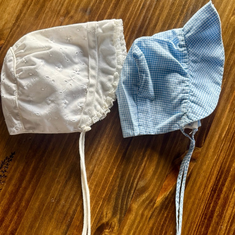 Charming Vintage White and Blue Baby Bonnets